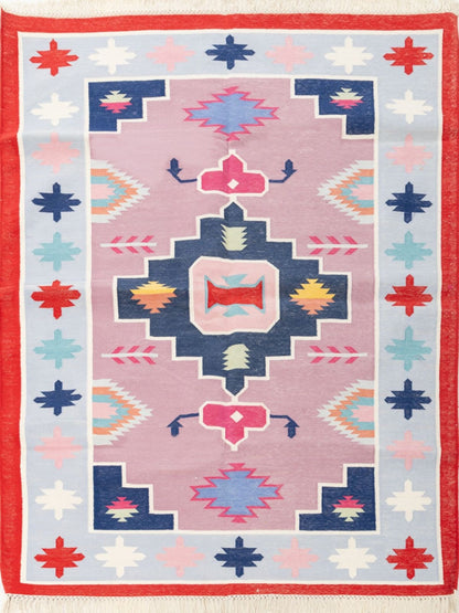 Southwestern Tribal Kilim - Pastel Pink & Blue Aztec Medallion Dhurrie