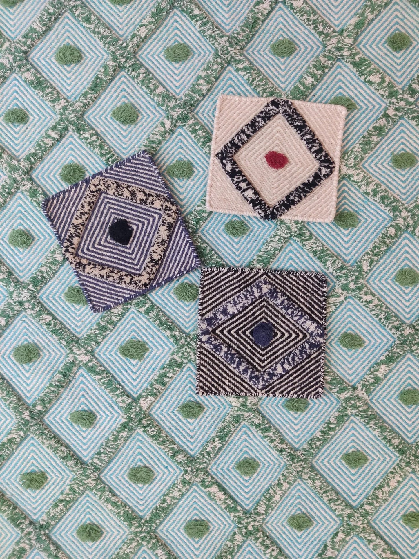 Handmade Diamond Popcorn Pattern Aqua & Jade Handloom Carpet