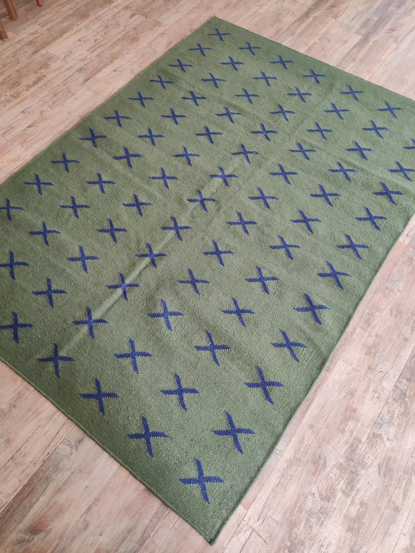 Wool Rug with Blue X Pattern,  Handmade Modern Area Rug