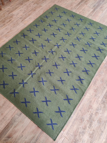 Wool Rug with Blue X Pattern,  Handmade Modern Area Rug