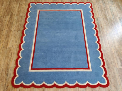 Blue Scalloped Modern Hand Tufted Wool Area Rug for Bedroom and Living Room