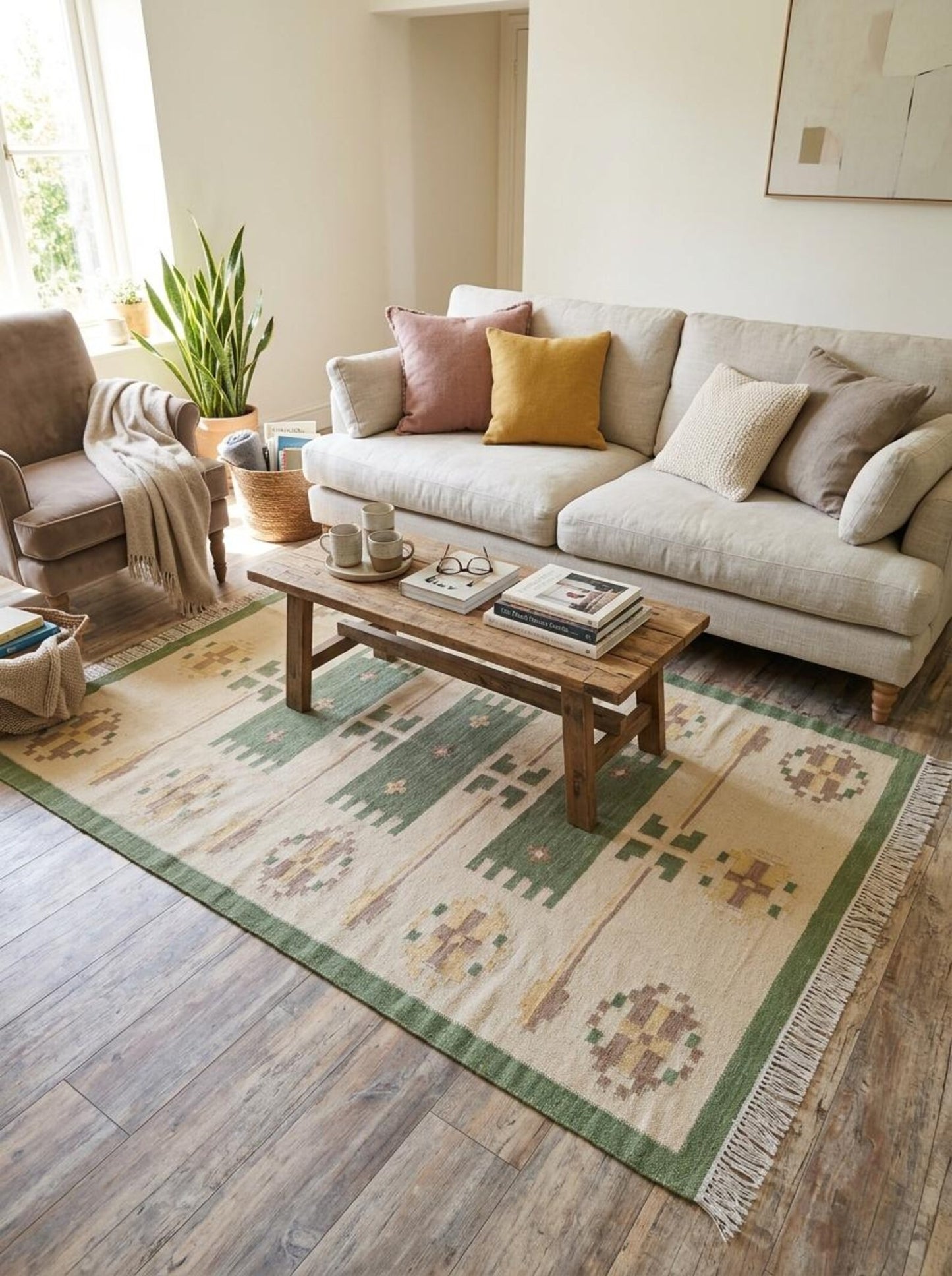 Sage Nordic Medallion Scandinavian Minimalist Kilim Custom Size