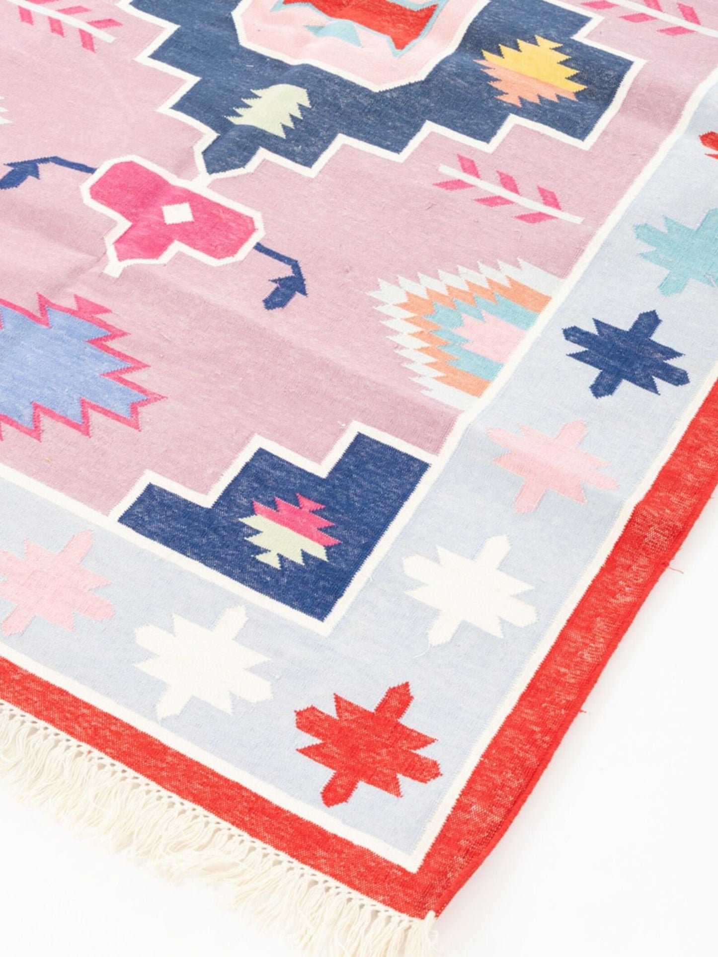 Southwestern Tribal Kilim - Pastel Pink & Blue Aztec Medallion Dhurrie