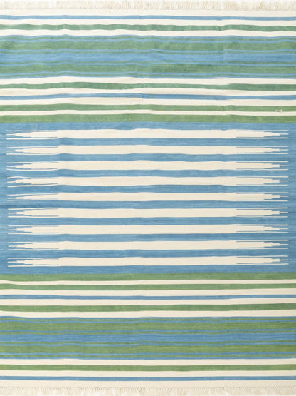 Handmade Coastal Blue & Forest Green Striped Rug