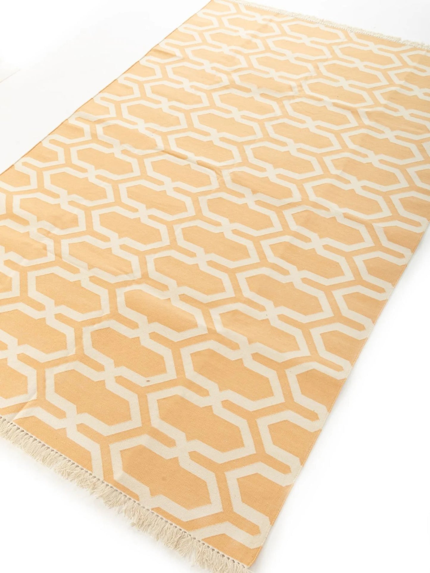 Camel Beige Geometric Area Rug, Modern Interlocking Trellis Dhurrie