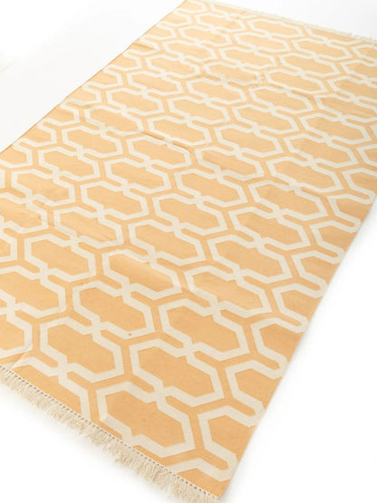 Camel Beige Geometric Area Rug, Modern Interlocking Trellis Dhurrie