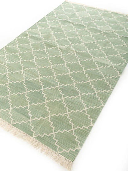 Geometric Zen Trellis Sage Stepped Diamond Cotton Flatweave Rug