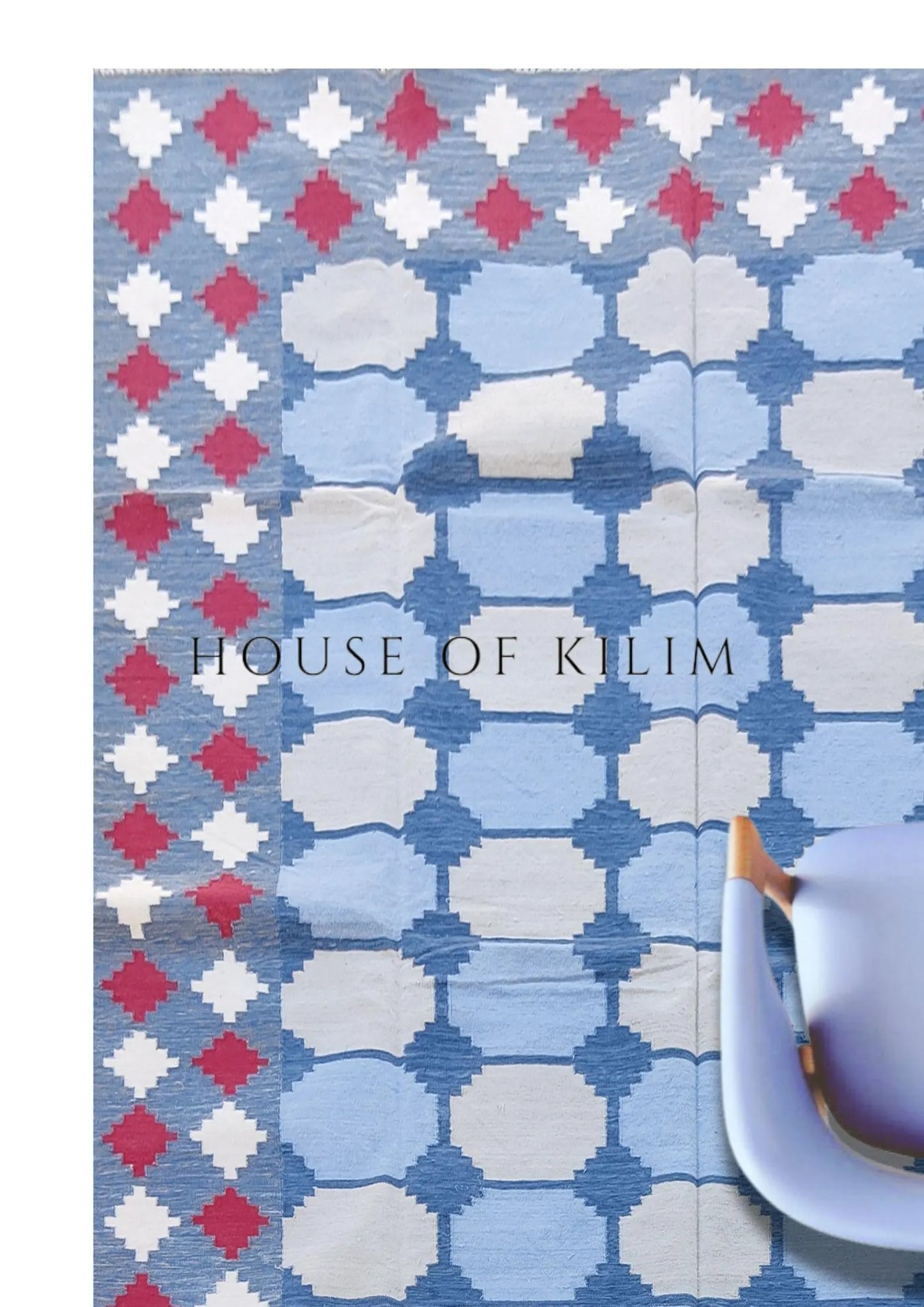 Vegetable Dyed Sky Blue and Terracotta Red Tile Patterned Gingham Dhurrie