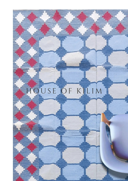 Vegetable Dyed Sky Blue and Terracotta Red Tile Patterned Gingham Dhurrie