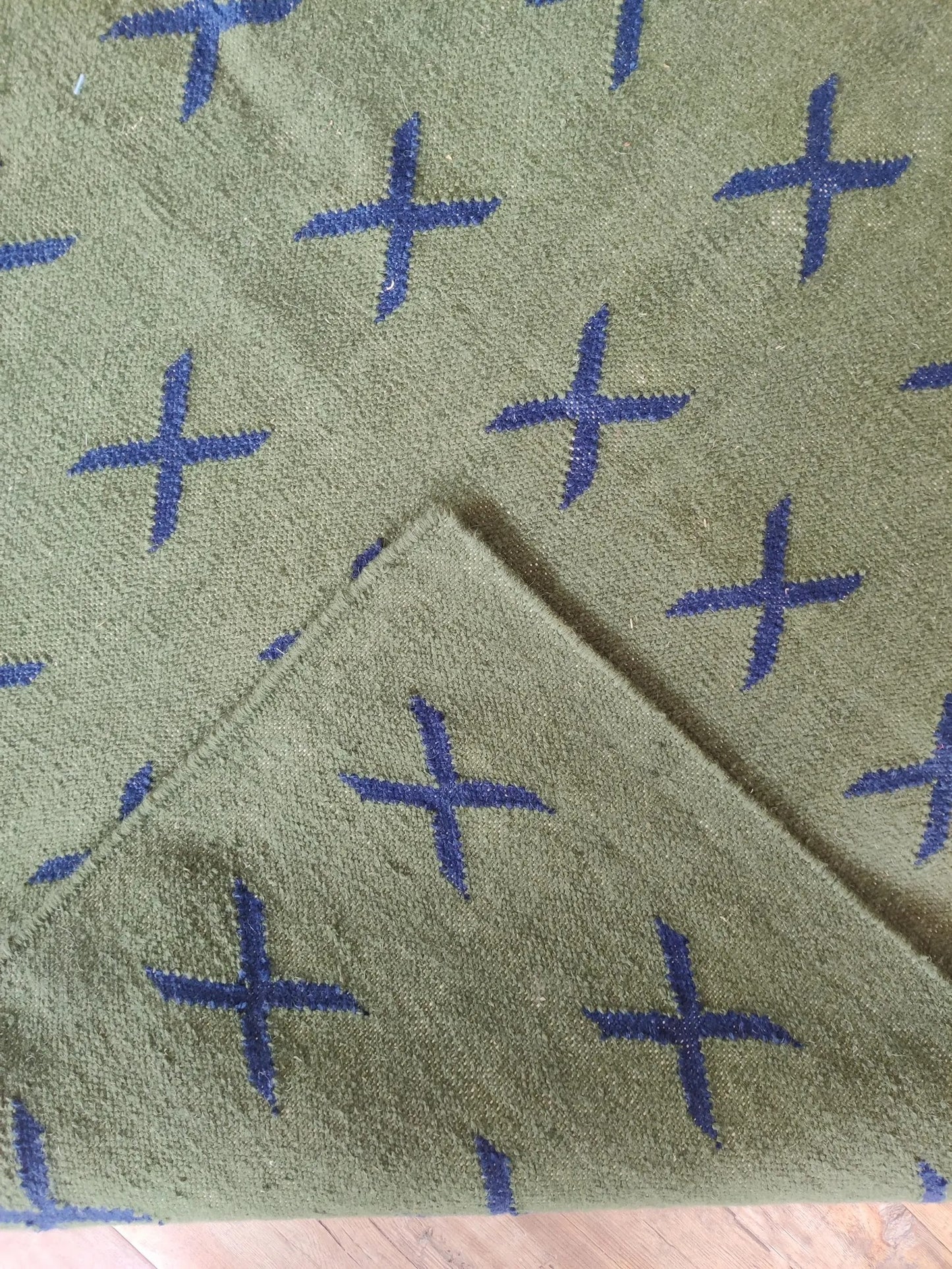 Wool Rug with Blue X Pattern,  Handmade Modern Area Rug