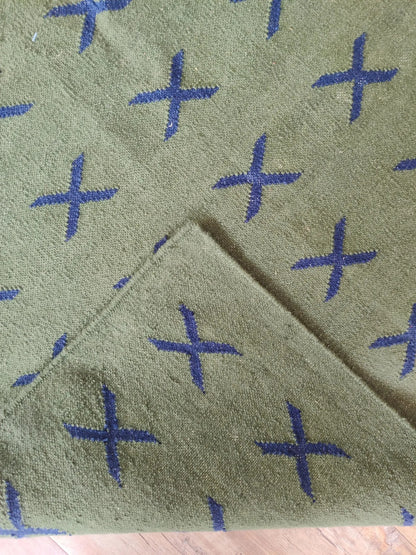 Wool Rug with Blue X Pattern,  Handmade Modern Area Rug