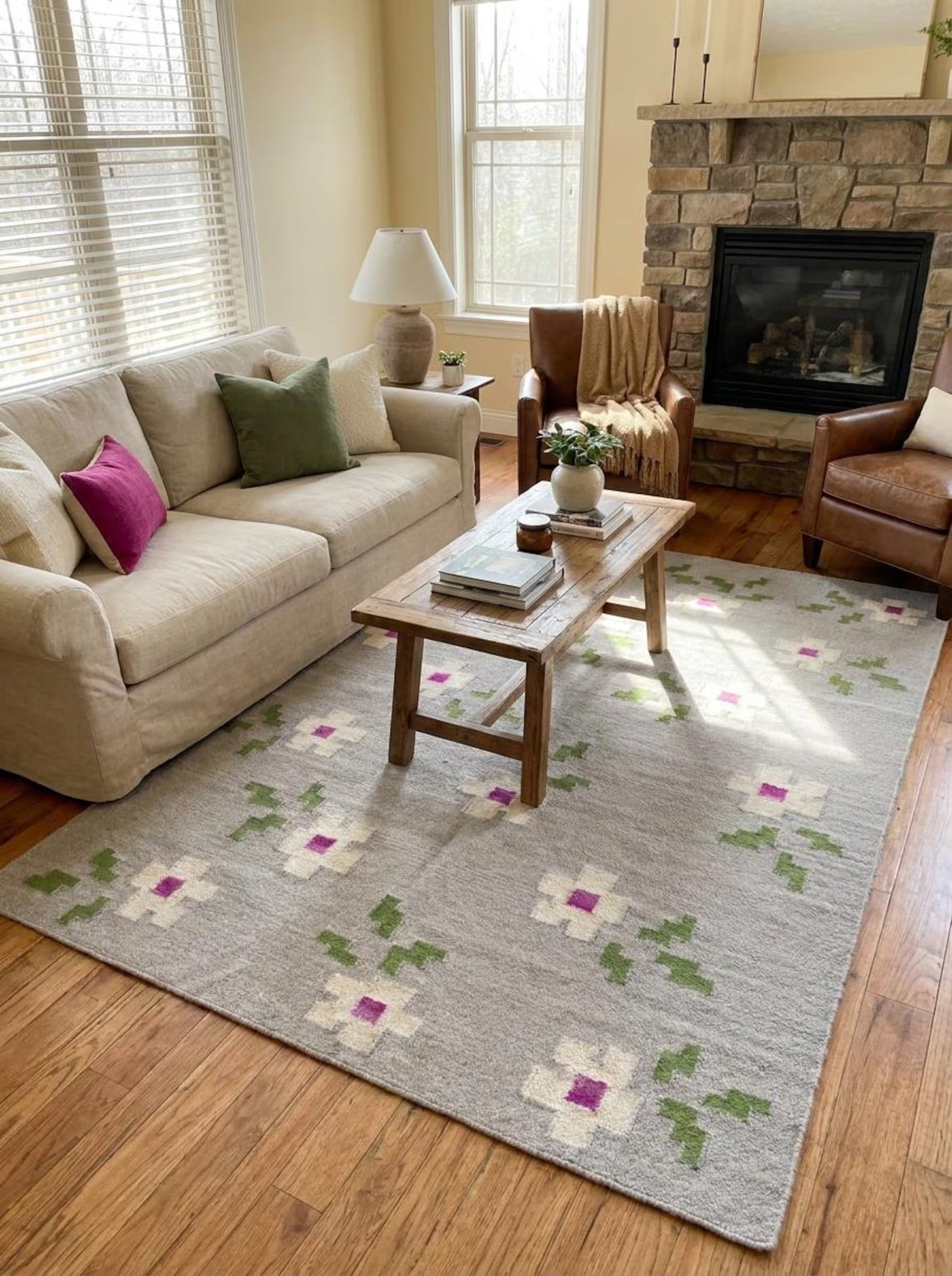Grey Blossom Pop Modern Grey & Pink Floral Wool Cotton Dhurrie Rug