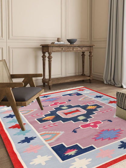 Southwestern Tribal Kilim - Pastel Pink & Blue Aztec Medallion Dhurrie