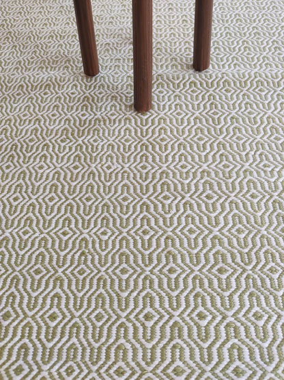 Olive Green Wool Rug Intricate Lattice Diamond Pattern