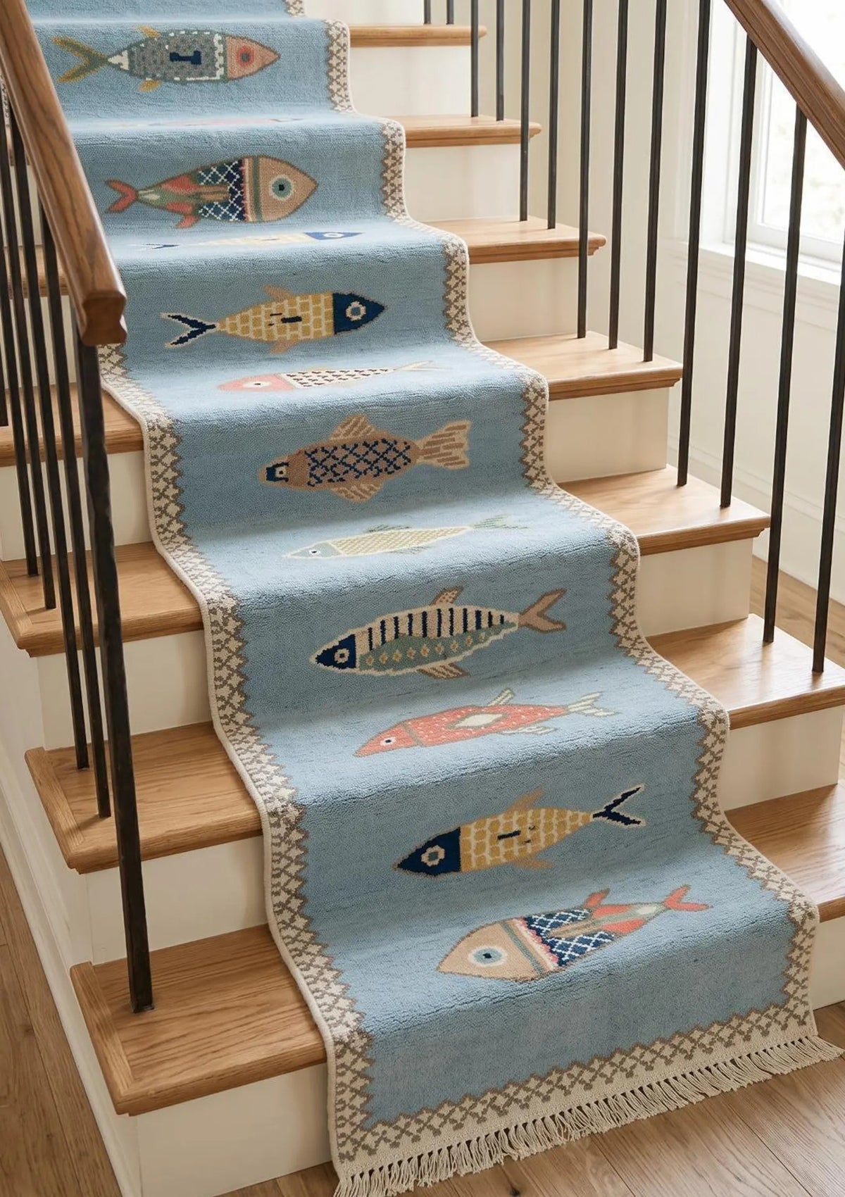 Hallway Runner Rug Blue Fish Pattern Oushak, Handmade Wool Animal Motif Stair runner rug