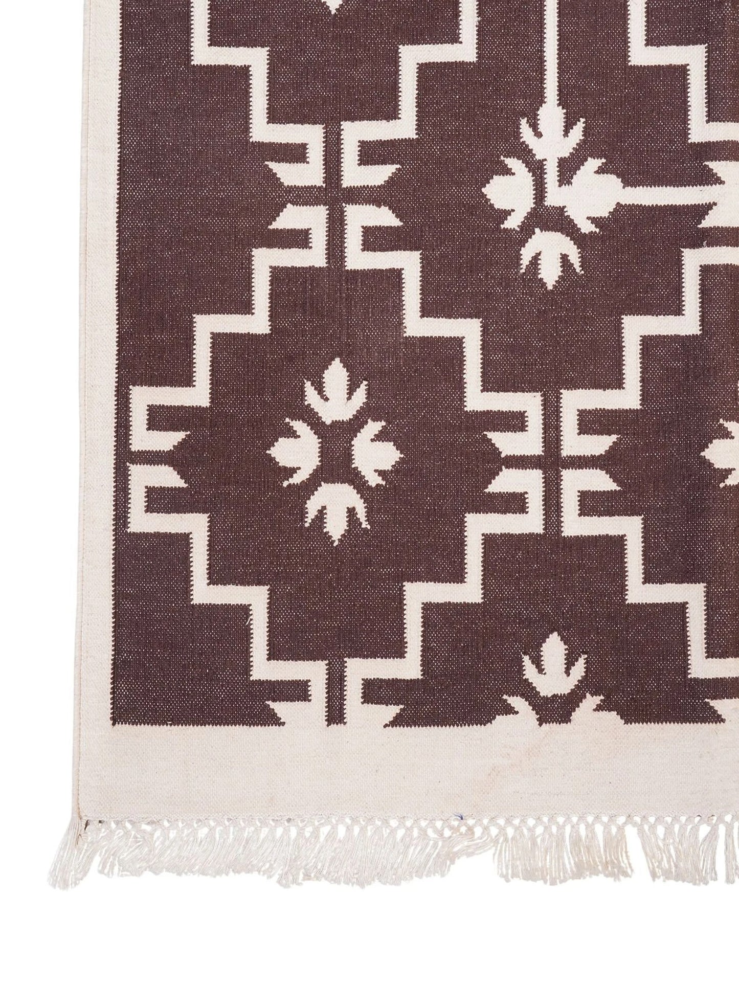 Espresso Dark Brown Geometric Area Rug, Minimalist Floral Diamond Dhurrie Rug