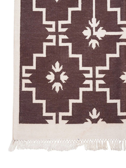 Espresso Dark Brown Geometric Area Rug, Minimalist Floral Diamond Dhurrie Rug