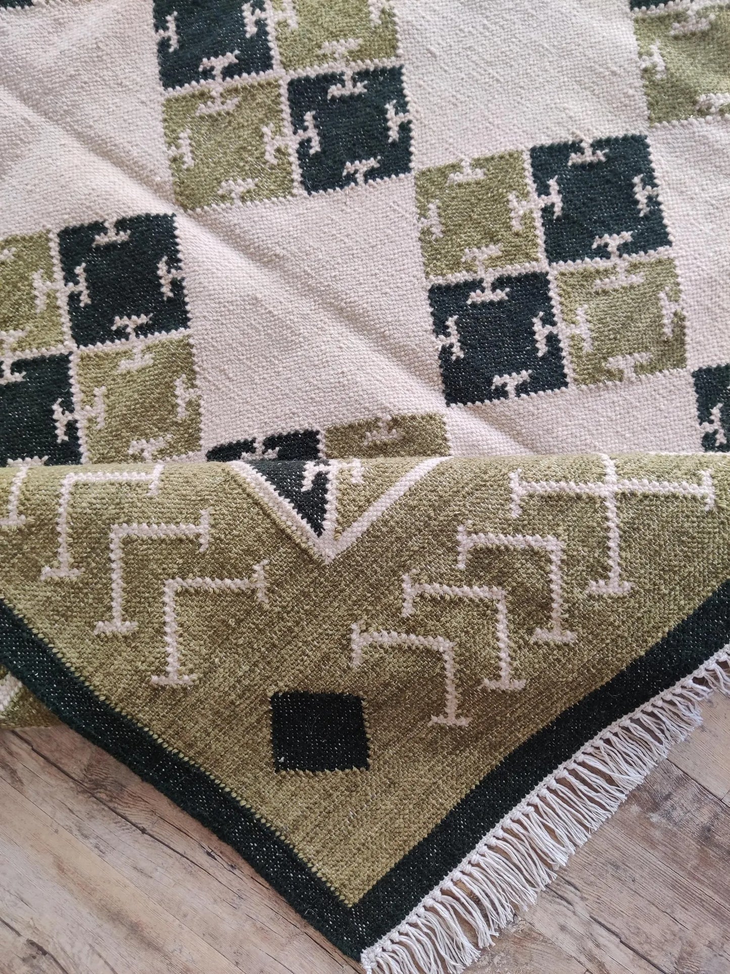 Moss Geometric Harlequin Olive Green & Cream Wool Cotton Dhurrie Rug