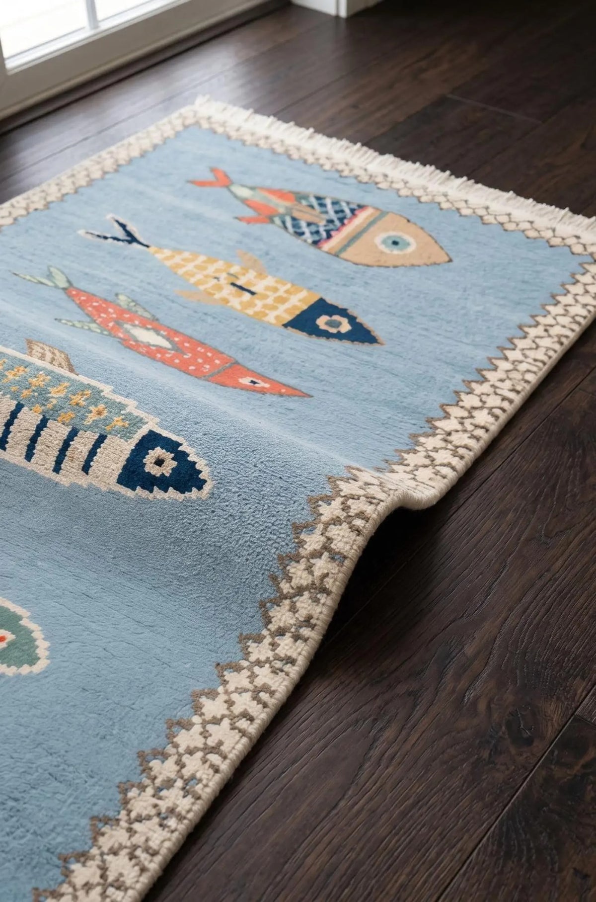 Hallway Runner Rug Blue Fish Pattern Oushak, Handmade Wool Animal Motif Stair runner rug