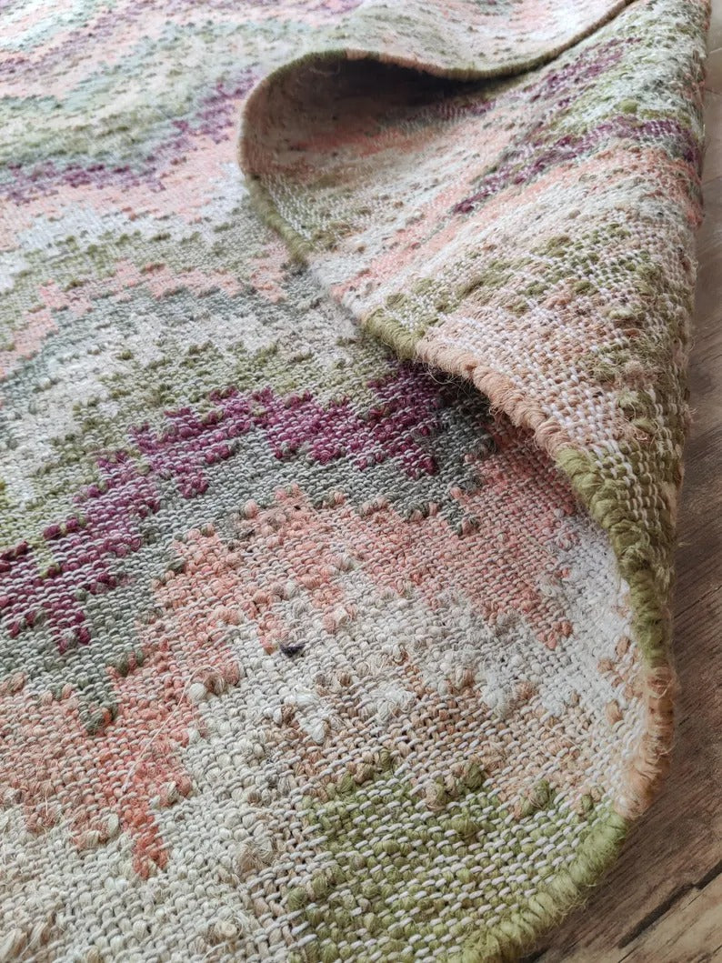 Handwoven Cotton Jute Rug, Zigzag Flatweave Carpet,