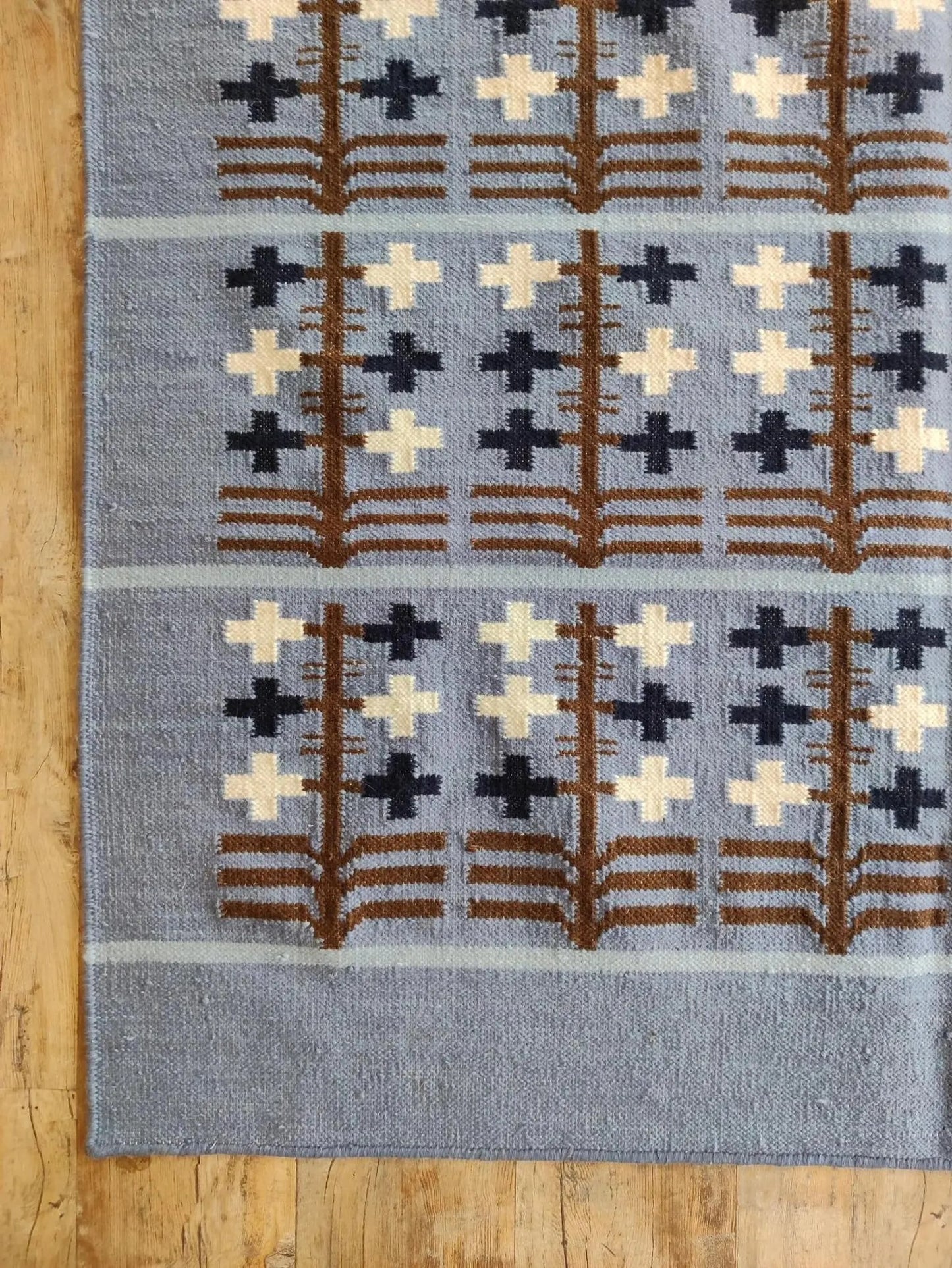 Slate Folk Tree Denim Blue Charcoal Indigo & Chestnut Cotton Wool Dhurrie