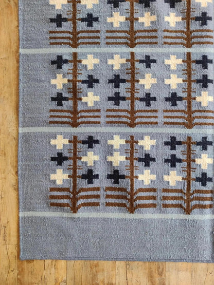 Slate Folk Tree Denim Blue Charcoal Indigo & Chestnut Cotton Wool Dhurrie