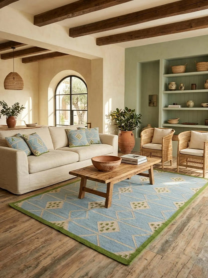 Azure Diamond Lattice Modern Powder Blue & Green Wool Cotton Dhurrie Rug