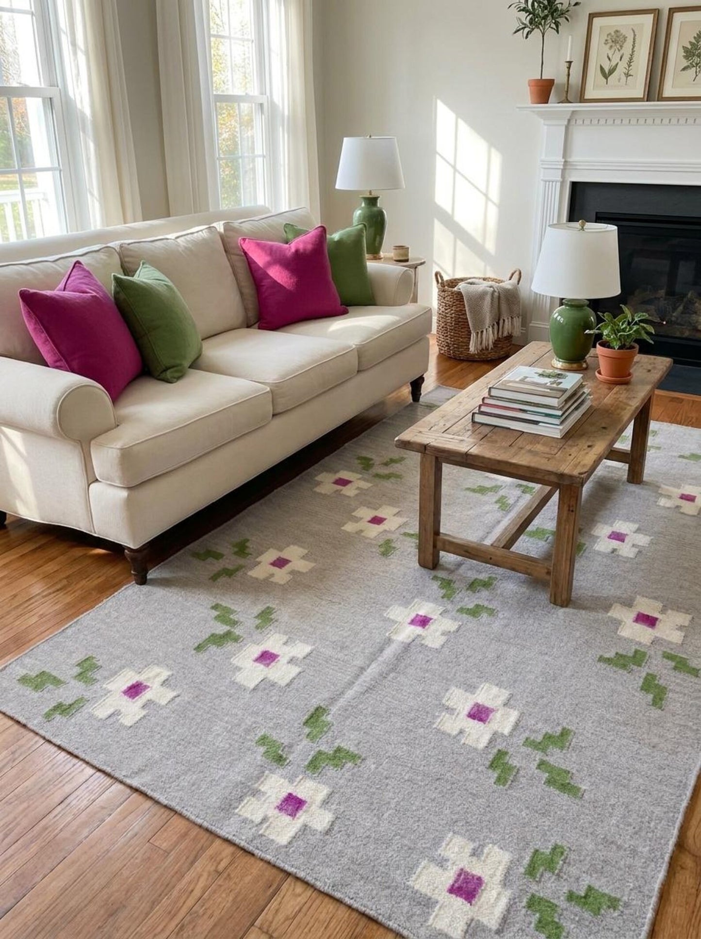 Grey Blossom Pop Modern Grey & Pink Floral Wool Cotton Dhurrie Rug