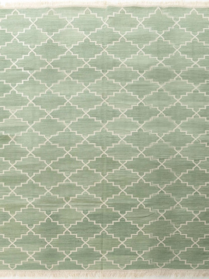 Geometric Zen Trellis Sage Stepped Diamond Cotton Flatweave Rug