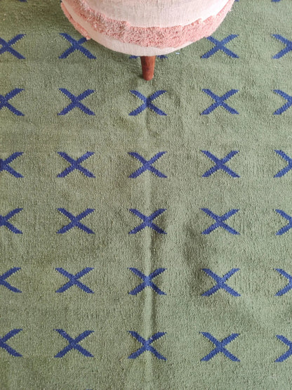 Wool Rug with Blue X Pattern,  Handmade Modern Area Rug