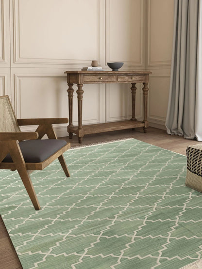 Geometric Zen Trellis Sage Stepped Diamond Cotton Flatweave Rug