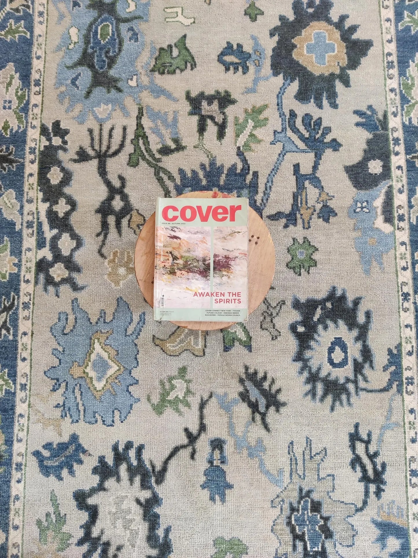 Azure Bloom Transitional Oushak Rug in Indigo Blue and Cream
