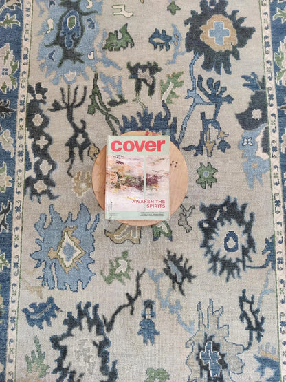 Azure Bloom Transitional Oushak Rug in Indigo Blue and Cream