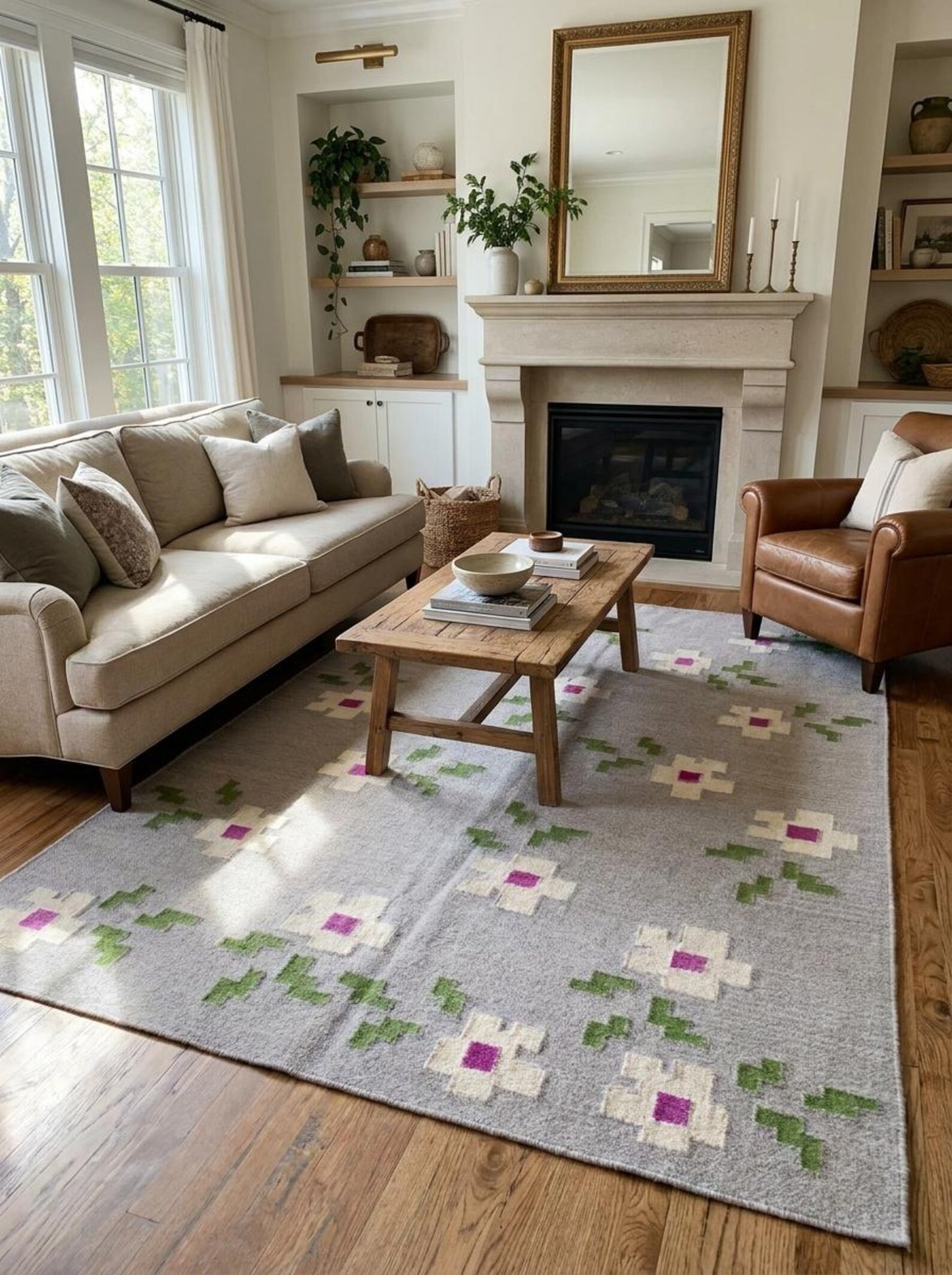 Grey Blossom Pop Modern Grey & Pink Floral Wool Cotton Dhurrie Rug