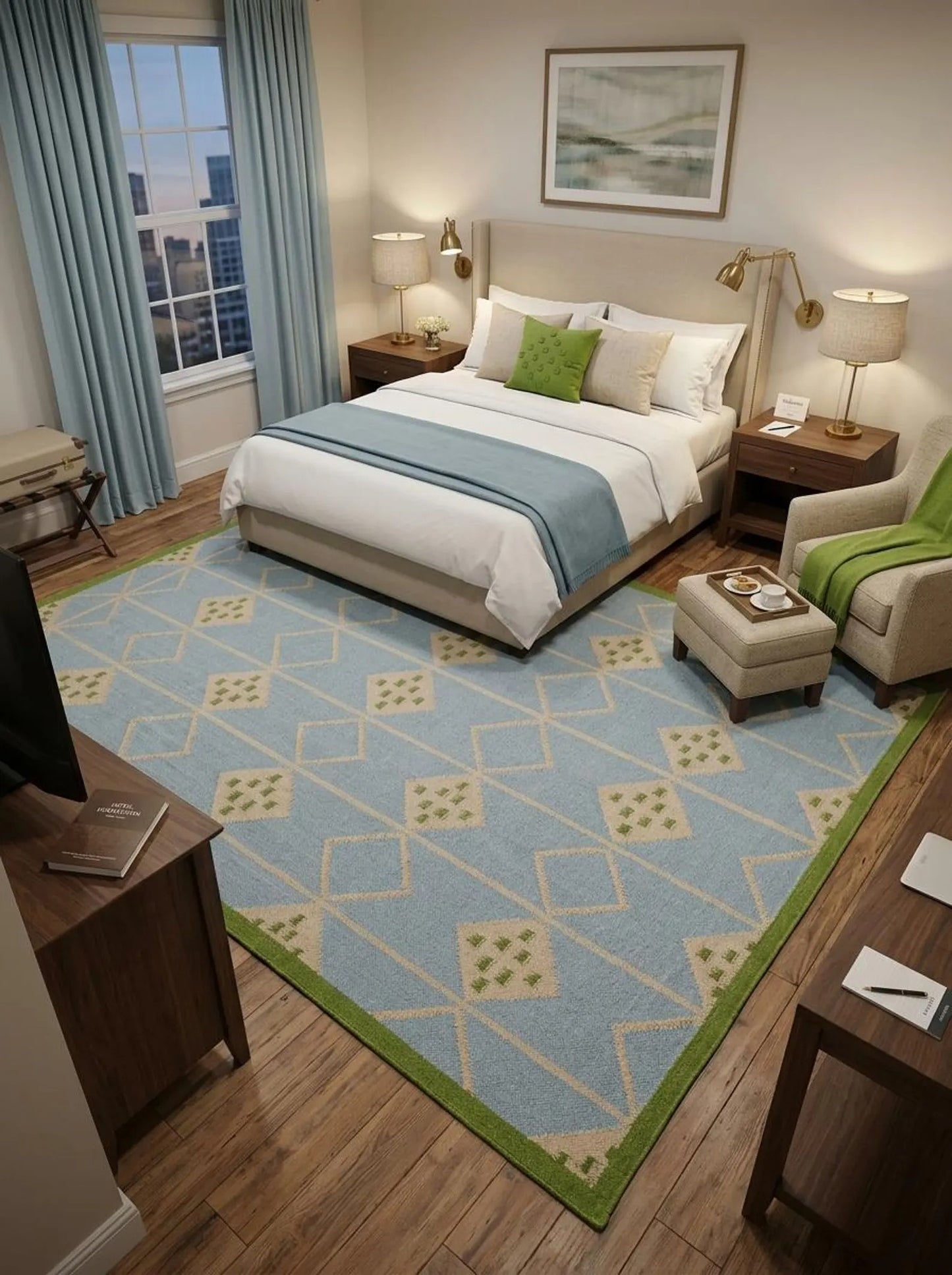 Azure Diamond Lattice Modern Powder Blue & Green Wool Cotton Dhurrie Rug