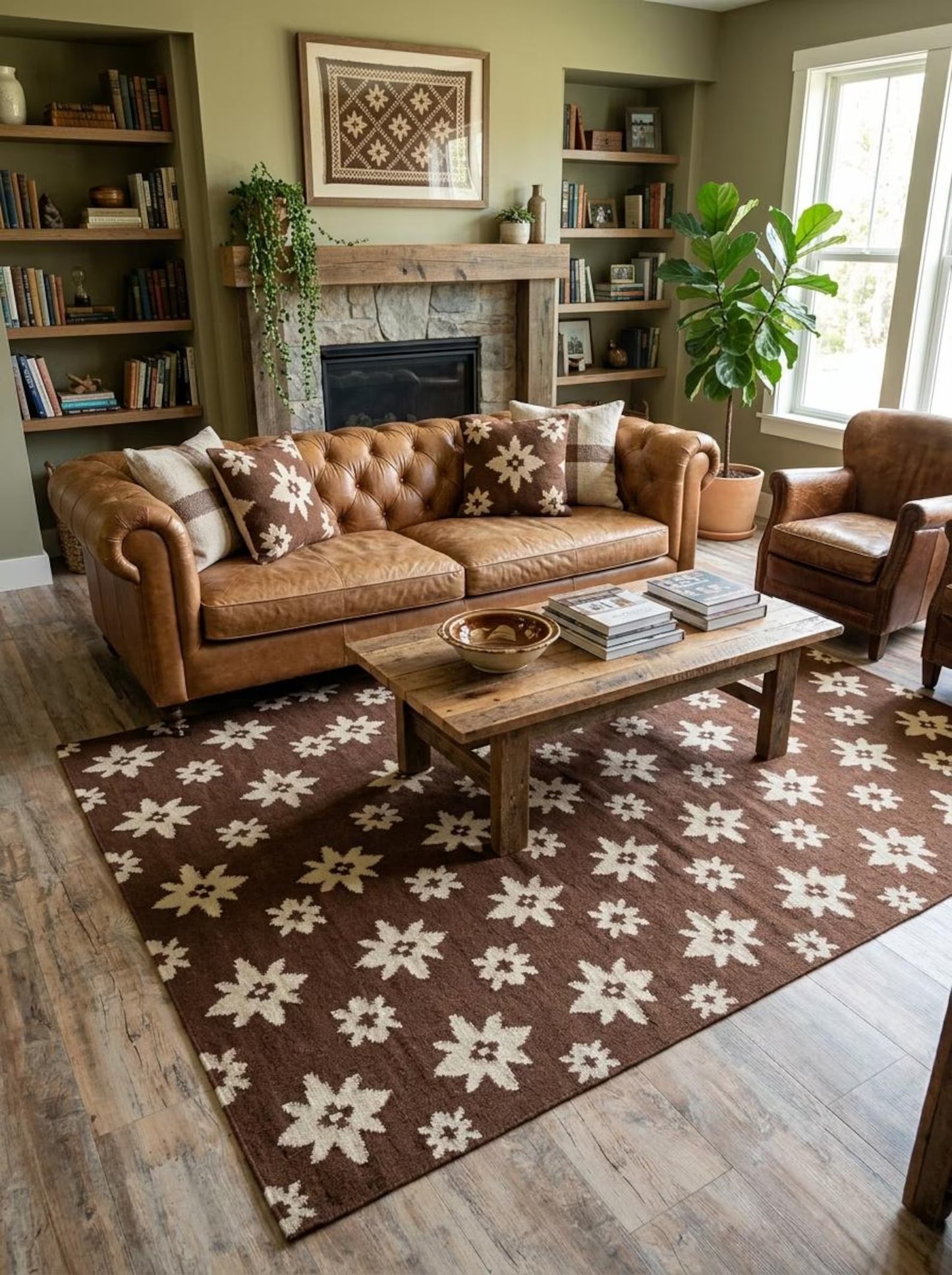 Chestnut Starburst Blossom Earthy Brown & Cream Wool Cotton Dhurrie Rug