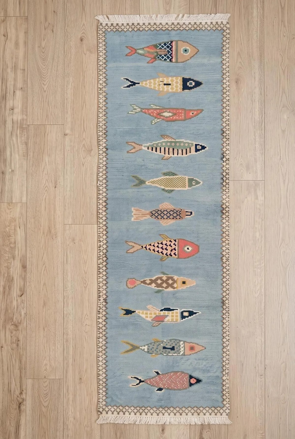 Hallway Runner Rug Blue Fish Pattern Oushak, Handmade Wool Animal Motif Stair runner rug