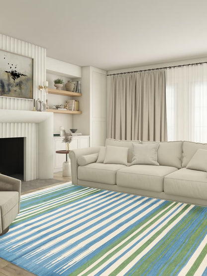 Handmade Coastal Blue & Forest Green Striped Rug