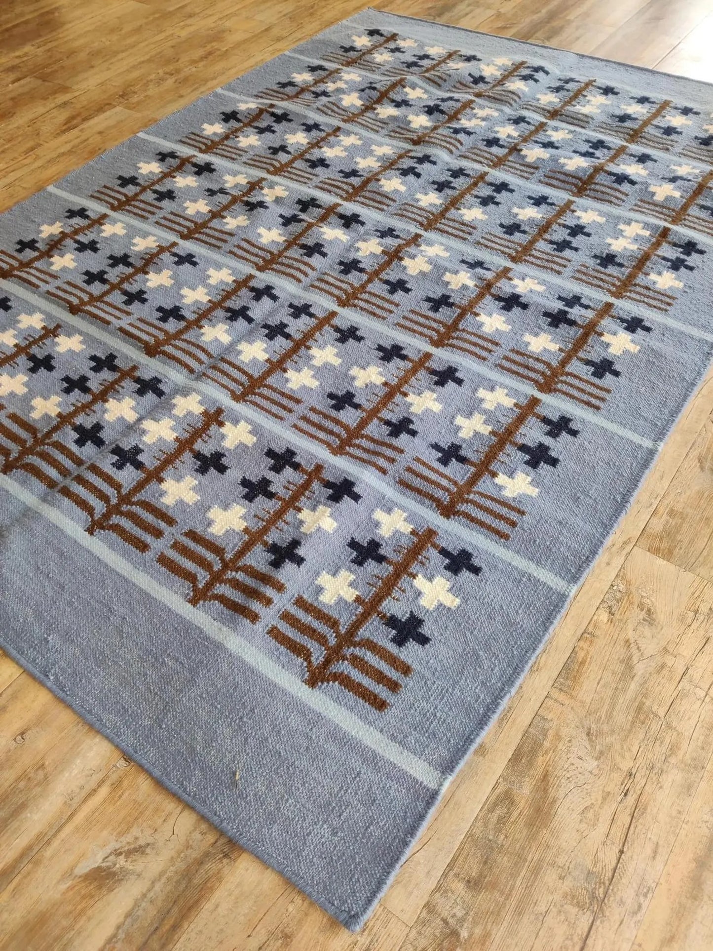 Slate Folk Tree Denim Blue Charcoal Indigo & Chestnut Cotton Wool Dhurrie