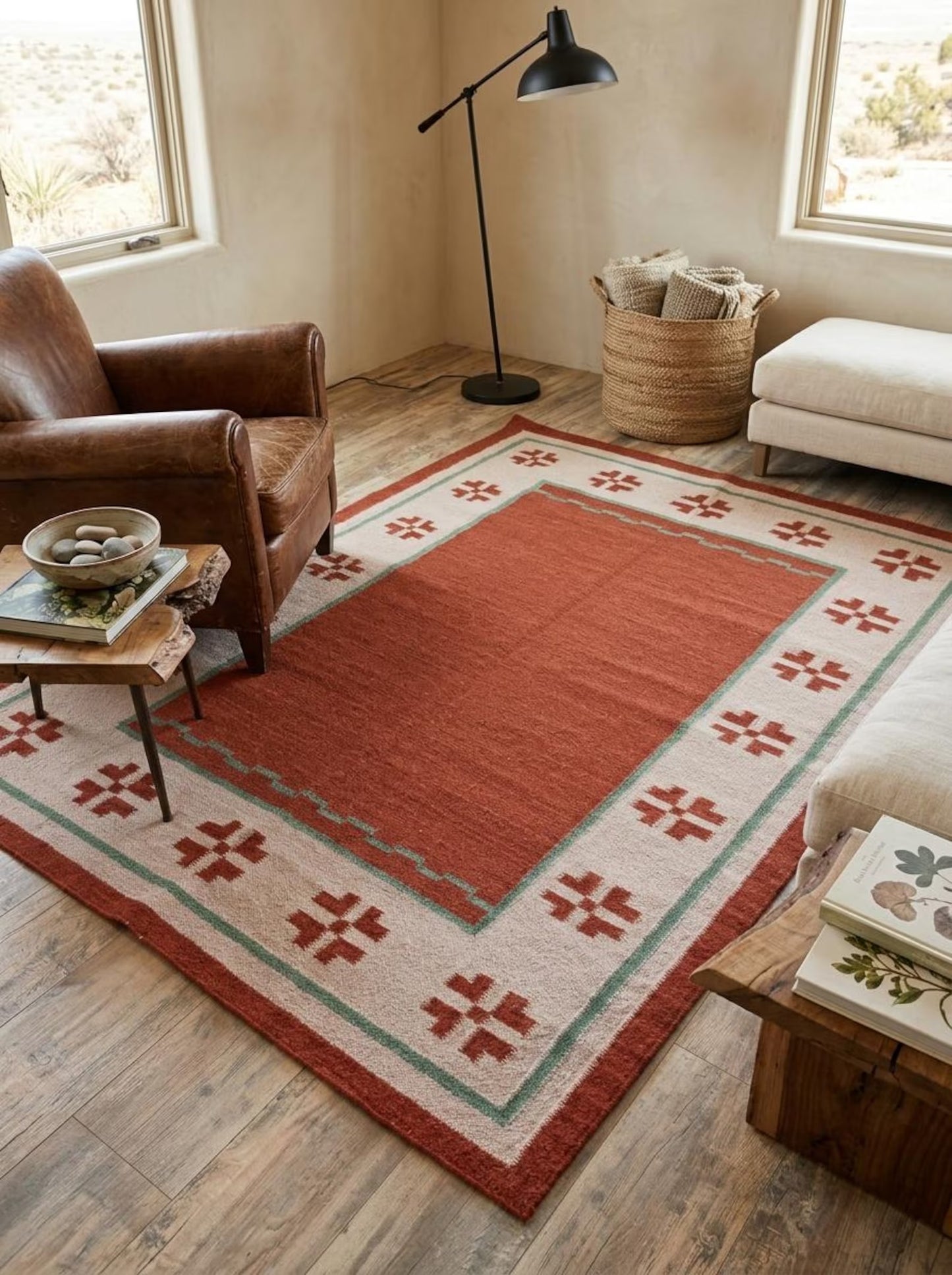 Terracotta Oasis Border Rust Red & Cream Wool Cotton Dhurrie Rug