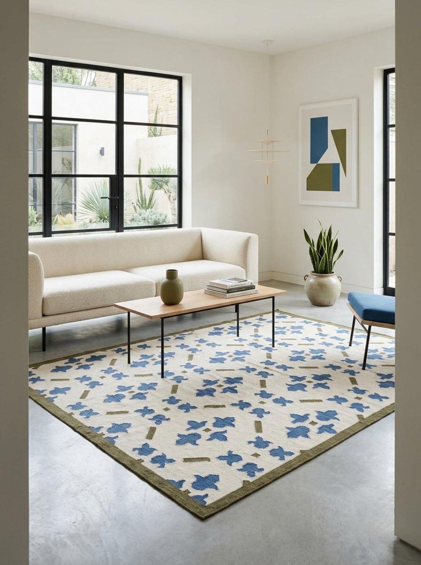 French Blue Fleur Classic Ivory Cream & Cobalt Blue Wool Cotton Dhurrie Rug