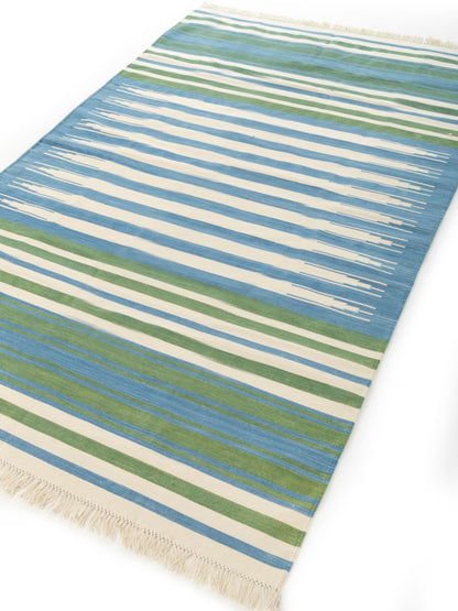 Handmade Coastal Blue & Forest Green Striped Rug