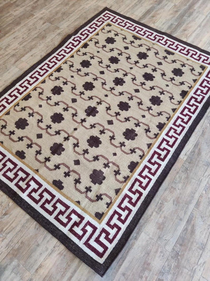 Crimson Greek Meander Premium Beige & Maroon Wool Cotton Dhurrie Rug