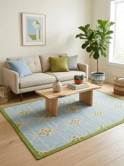 Azure Diamond Lattice Modern Powder Blue & Green Wool Cotton Dhurrie Rug