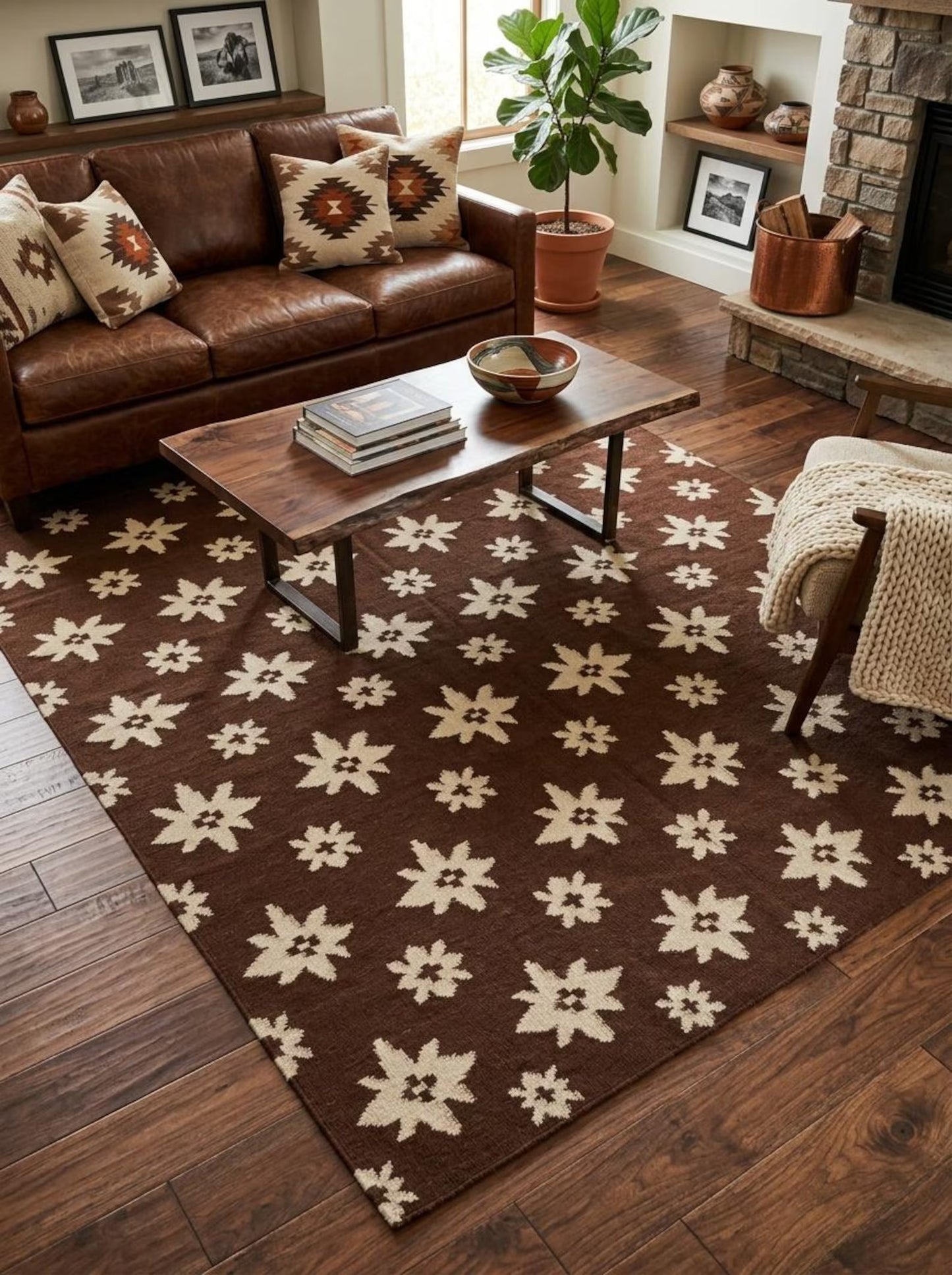 Chestnut Starburst Blossom Earthy Brown & Cream Wool Cotton Dhurrie Rug