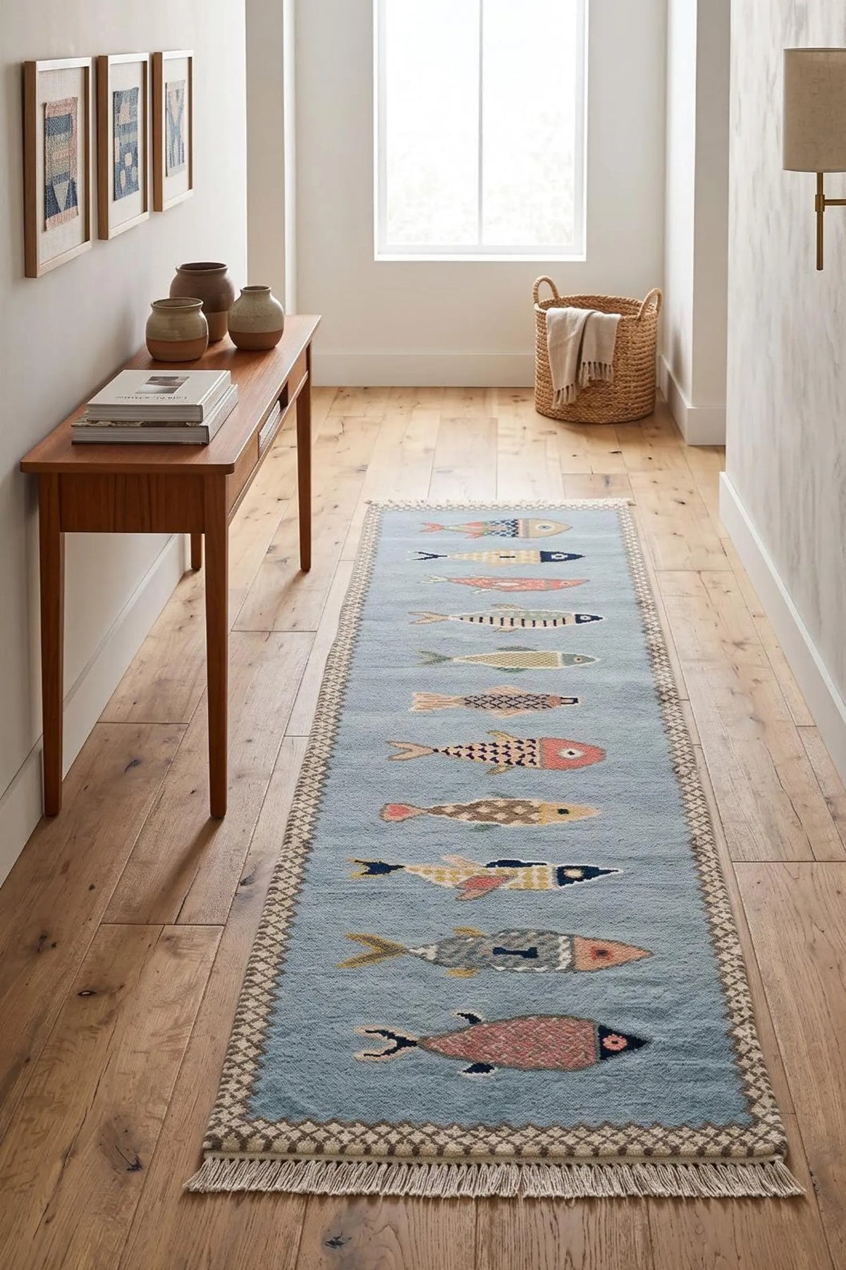 Hallway Runner Rug Blue Fish Pattern Oushak, Handmade Wool Animal Motif Stair runner rug