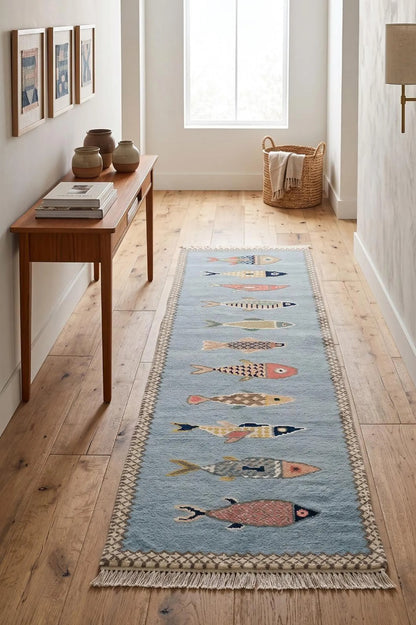 Hallway Runner Rug Blue Fish Pattern Oushak, Handmade Wool Animal Motif Stair runner rug