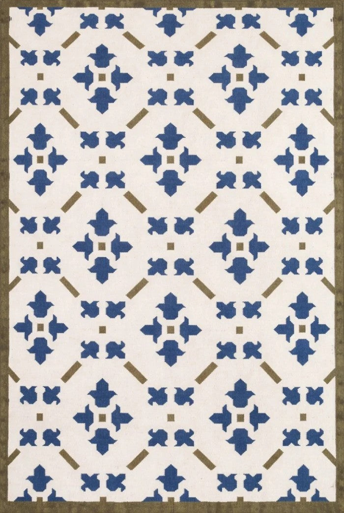 French Blue Fleur Classic Ivory Cream & Cobalt Blue Wool Cotton Dhurrie Rug