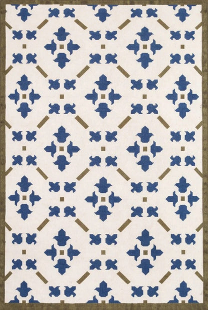 French Blue Fleur Classic Ivory Cream & Cobalt Blue Wool Cotton Dhurrie Rug
