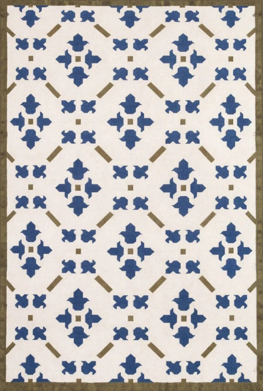 French Blue Fleur Classic Ivory Cream & Cobalt Blue Wool Cotton Dhurrie Rug